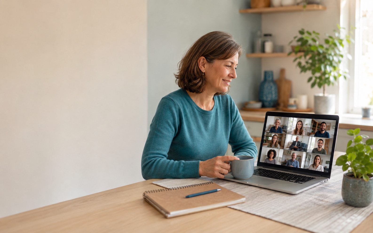 Eine Frau sitzt zu Hause am Küchentisch vor einem
        aufgeklappten Laptop und nimmt an einem Online-Treffen teil. Auf dem Bildschirm sind
        mehrere Teilnehmende in einer Kachelansicht zu sehen.